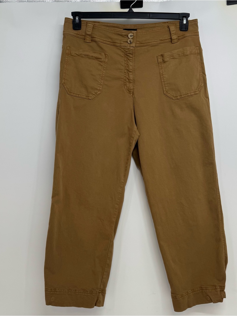 ME + EM Cotton Stretch Pants Womens SZ 12 Tan Button Ankle Pockets Front